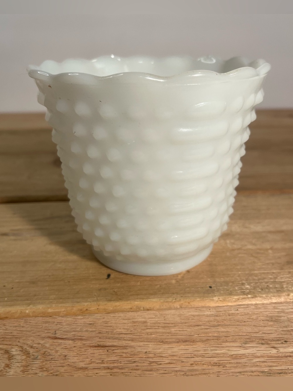 Vintage Fire King Milk Glass Hobnail & Bars Planter Vase Oven Ware 4.5” USA.